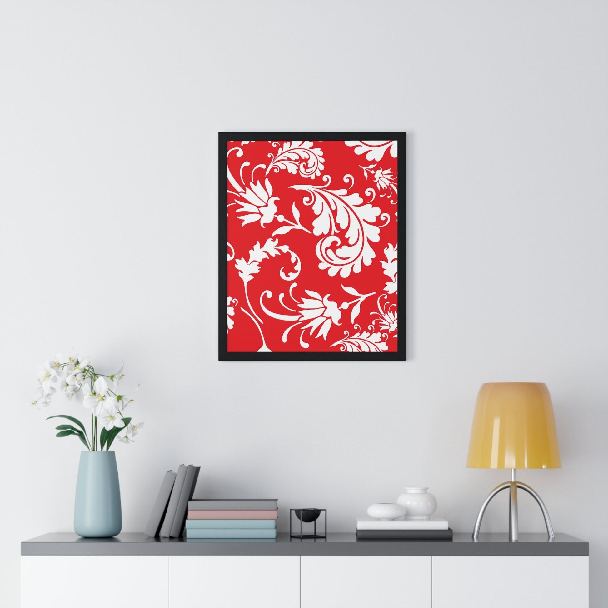 Printify Red and White Floral Scroll Framed Print 2025