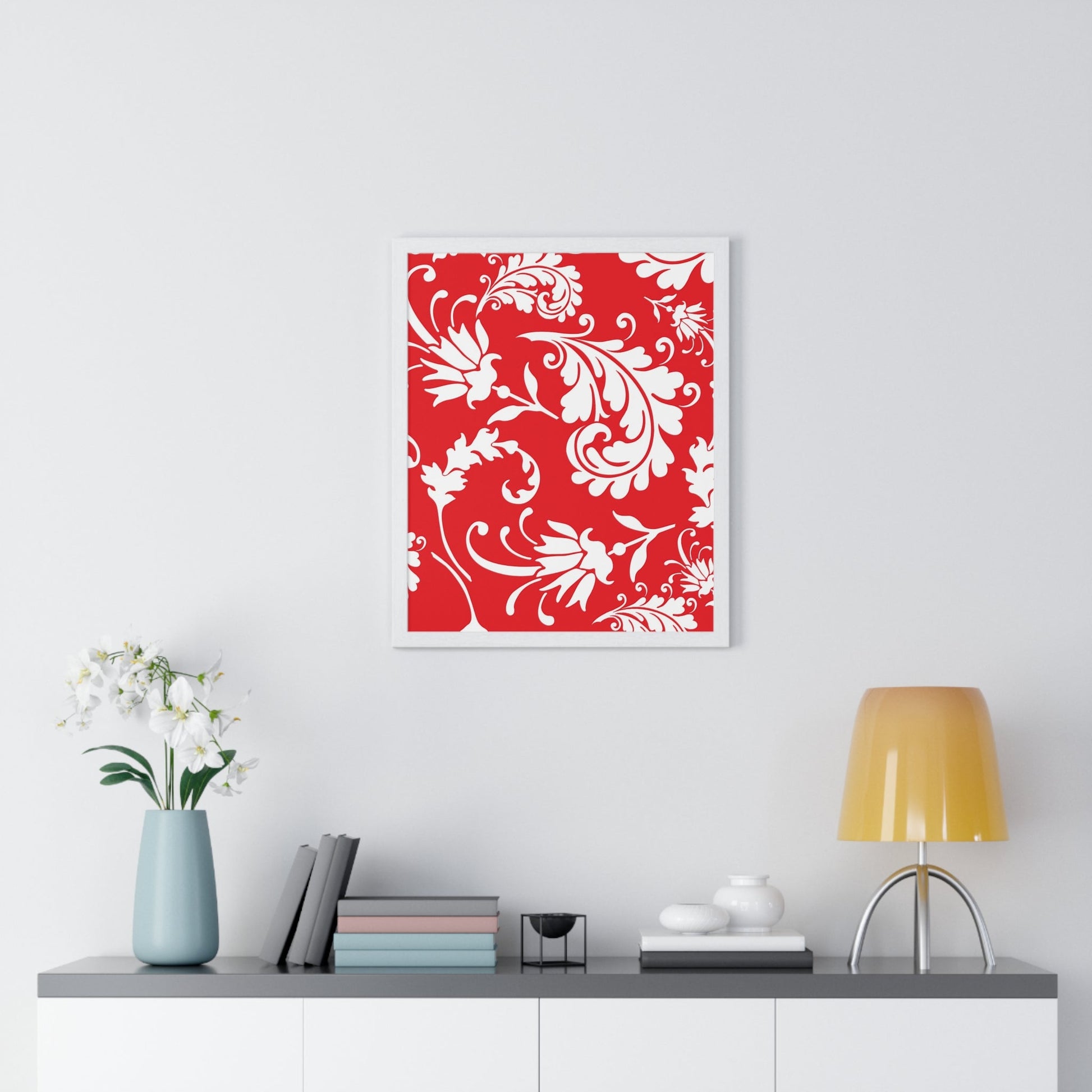 Printify Red and White Floral Scroll Framed Print 2025