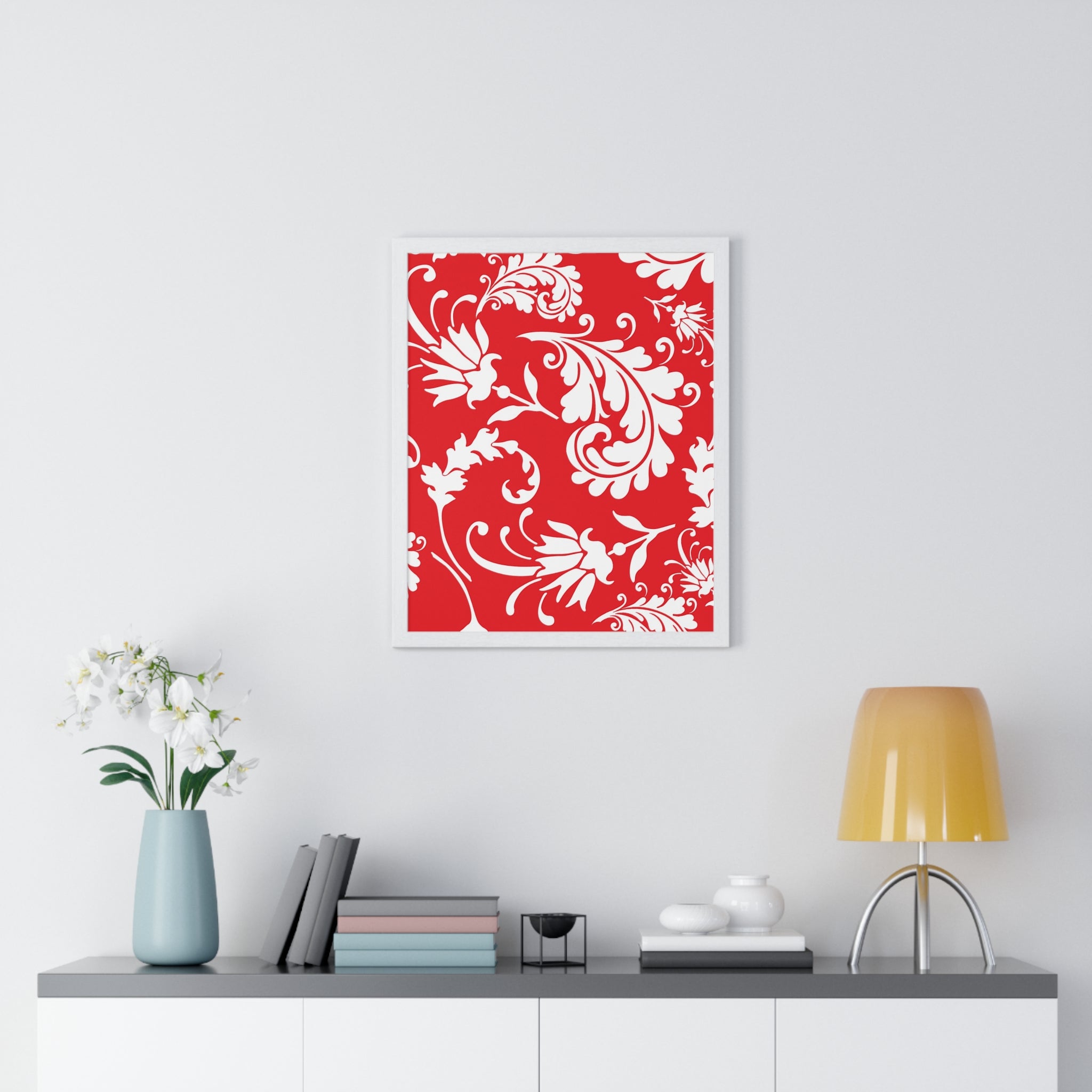 Printify Red and White Floral Scroll Framed Print 2025