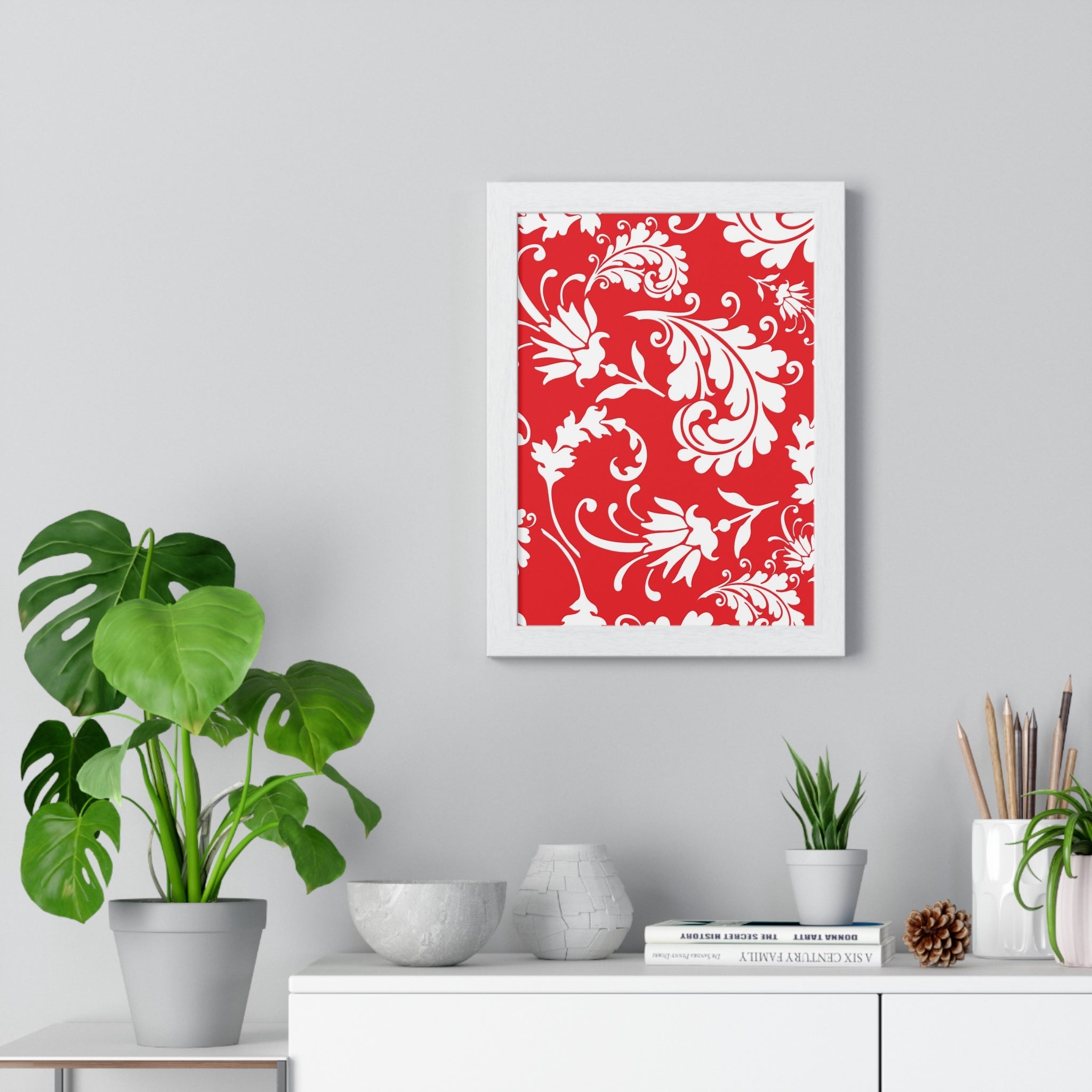 Printify Red and White Floral Scroll Framed Print 2025