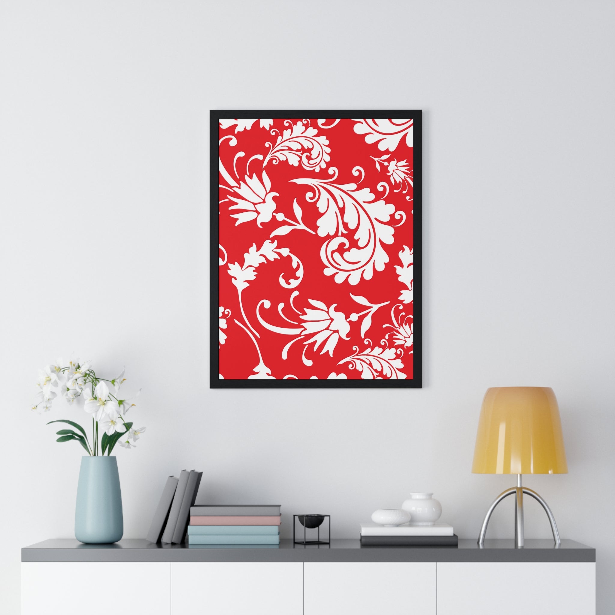 Printify Red and White Floral Scroll Framed Print 2025