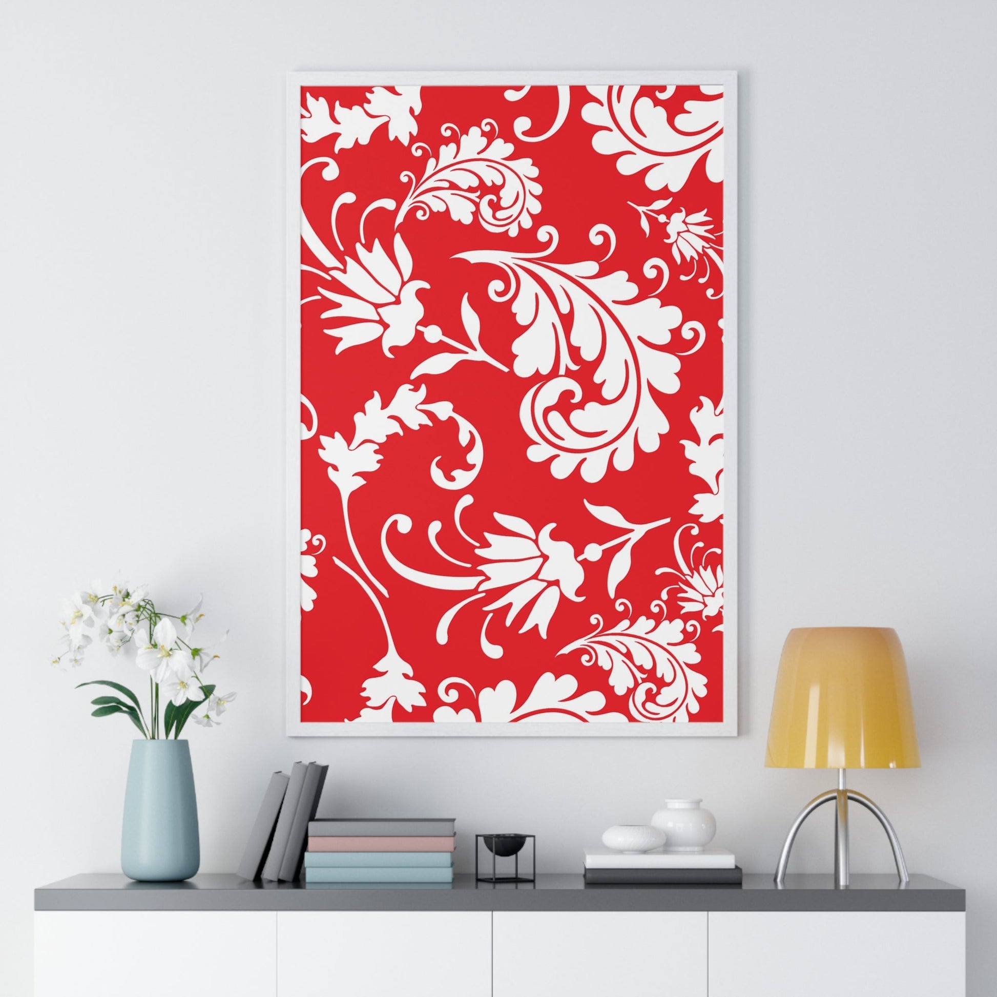Printify Red and White Floral Scroll Framed Print 2025