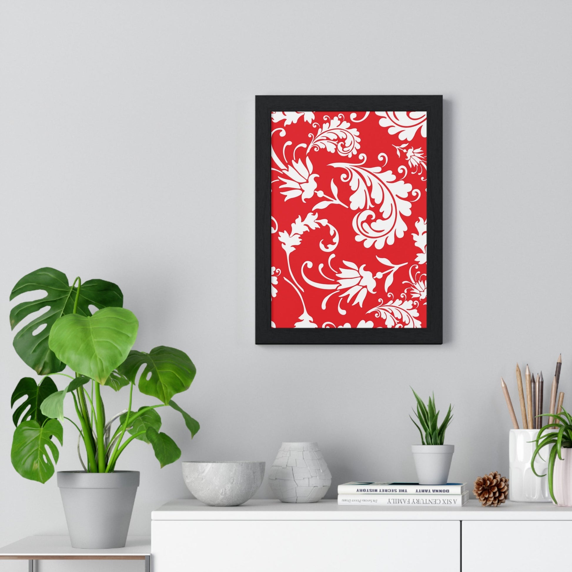 Printify Red and White Floral Scroll Framed Print 2025