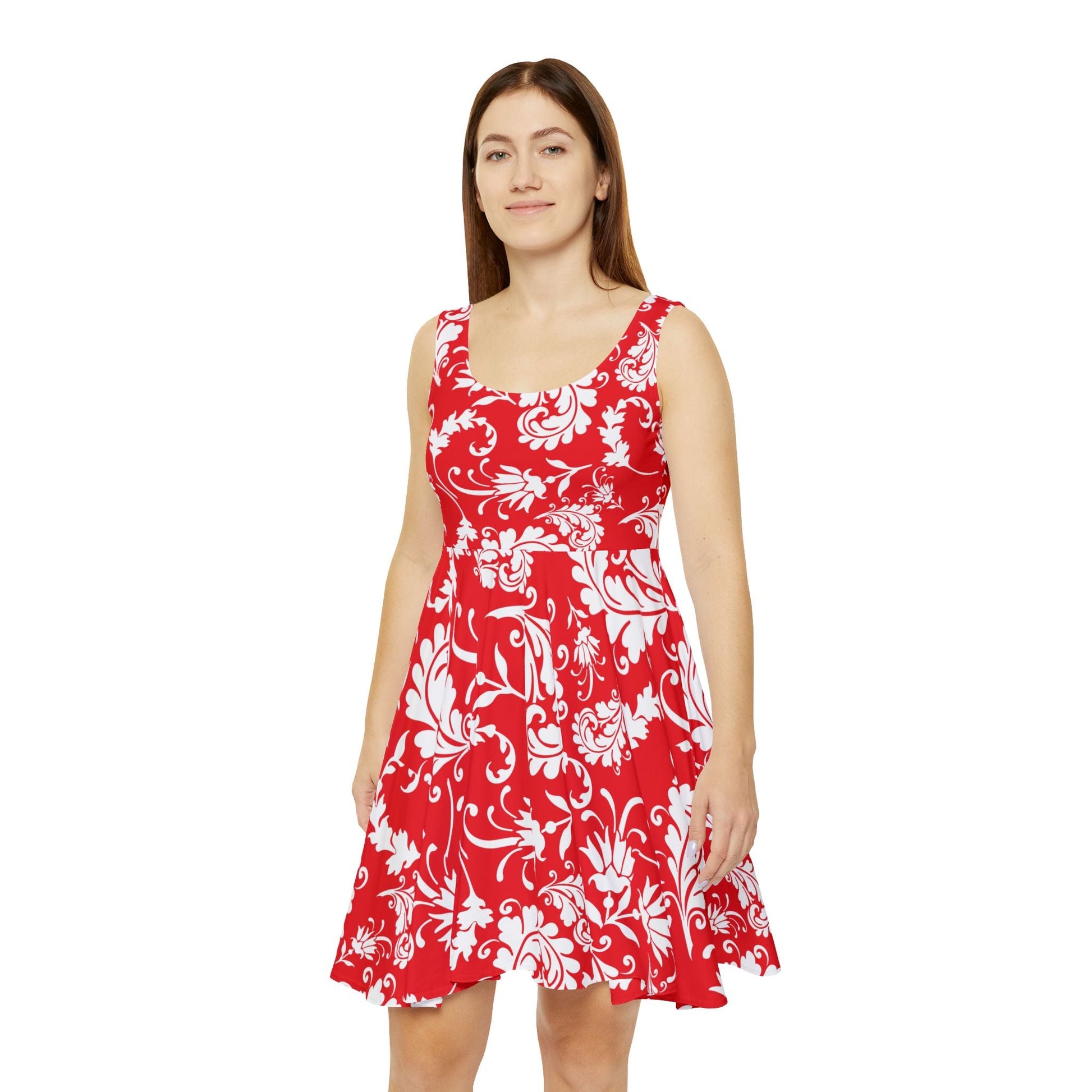 Red and White Floral Skater Dress, Artsulli - Art is Long, Life is Short, All Over Prints, , , , , , , 