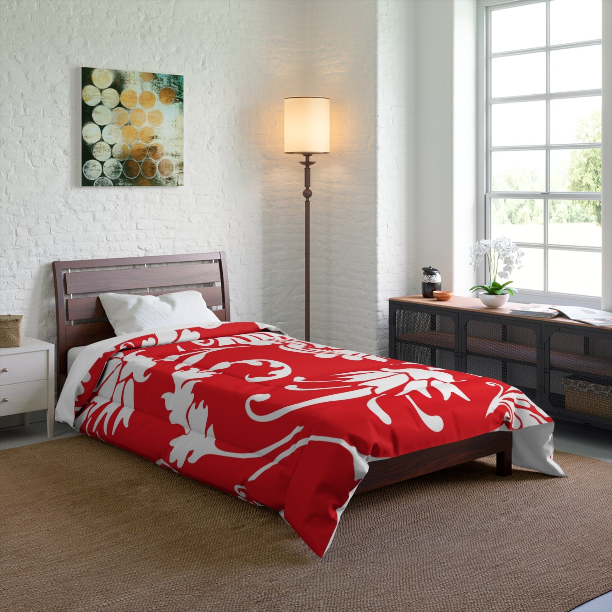 Printify Red Damask Floral Comforter 2025
