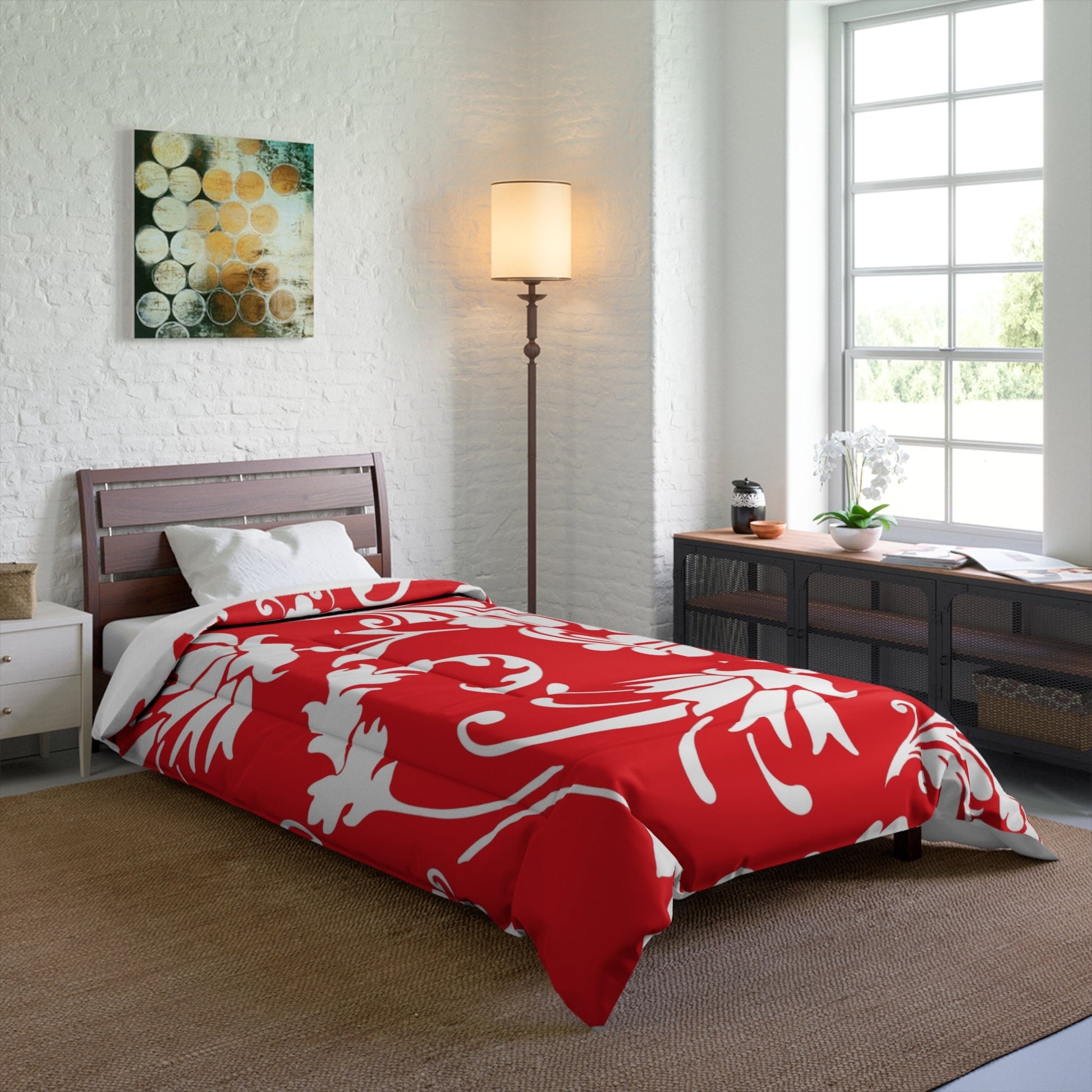 Printify Red Damask Floral Comforter 2025