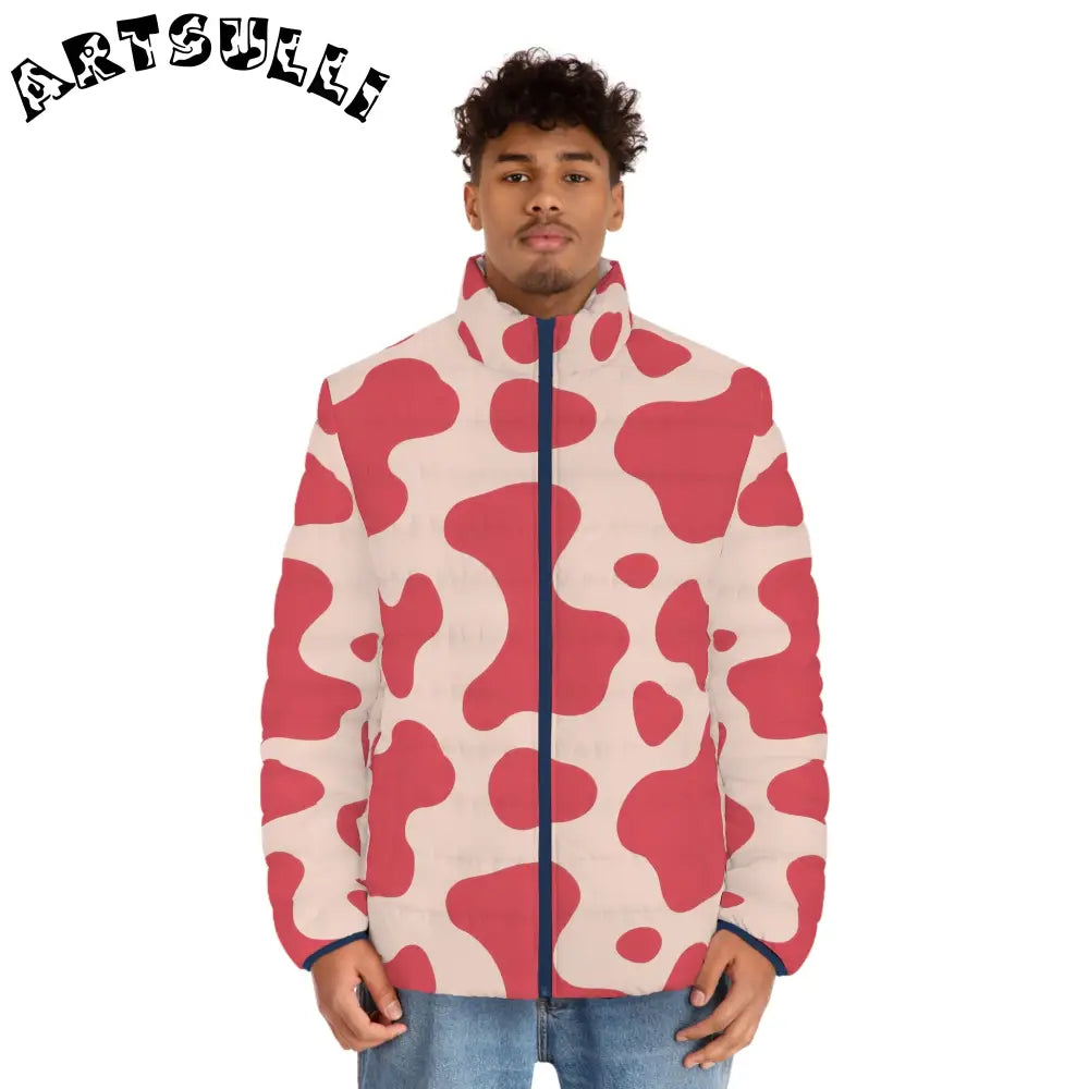 JAKKOUTTHEBXX Red and Cream Cow Illustration Printed Puffer Jacket 2025