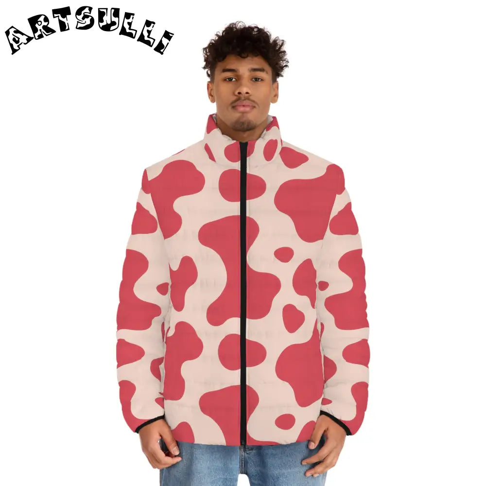 JAKKOUTTHEBXX Red and Cream Cow Illustration Printed Puffer Jacket 2025