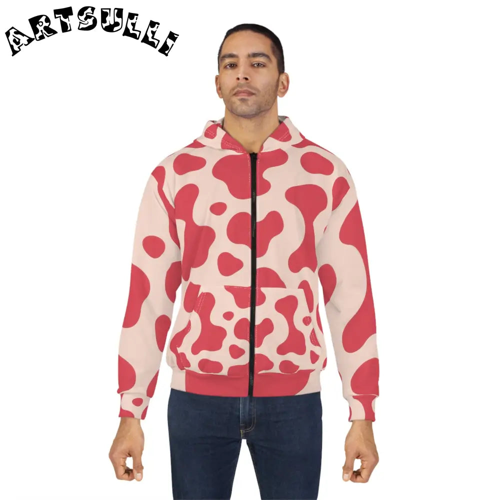JAKKOUTTHEBXX Red and Cream Cow Print Zipped Fleece Jacket 2025