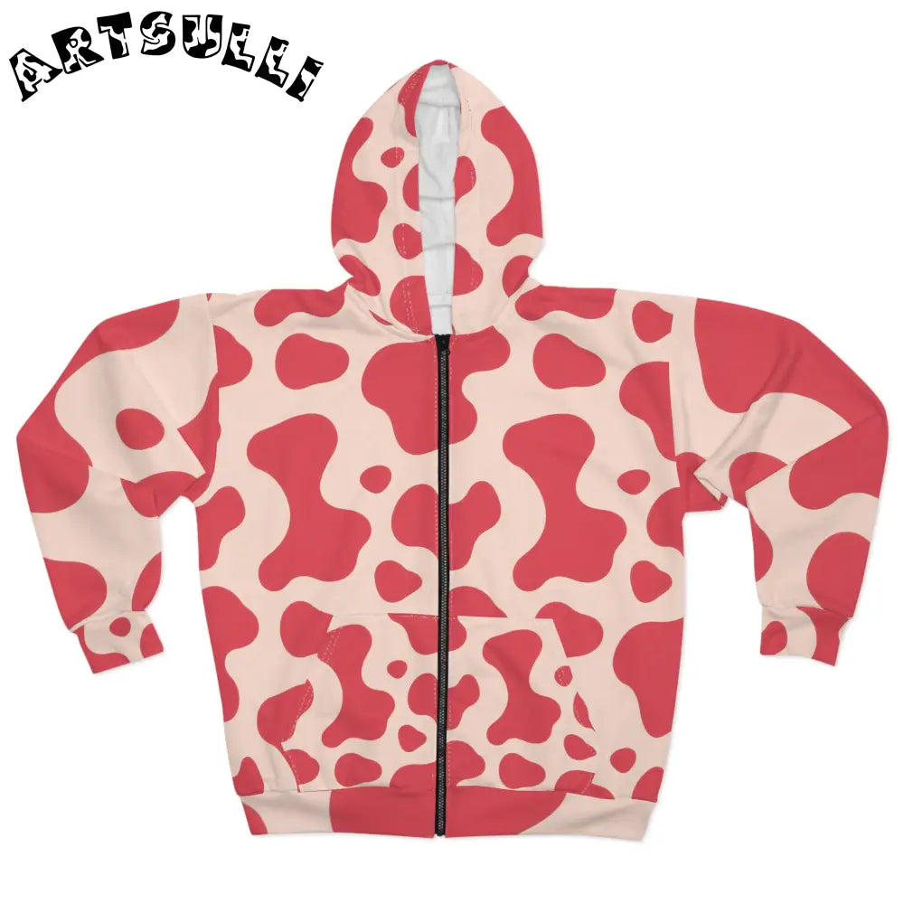 JAKKOUTTHEBXX Red and Cream Cow Print Zipped Fleece Jacket 2025