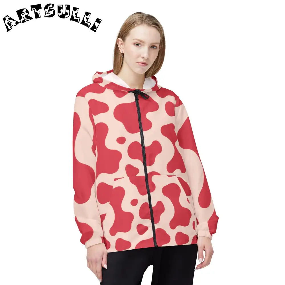 JAKKOUTTHEBXX Red and Beige Cow Print Windbreaker Jacket 2025