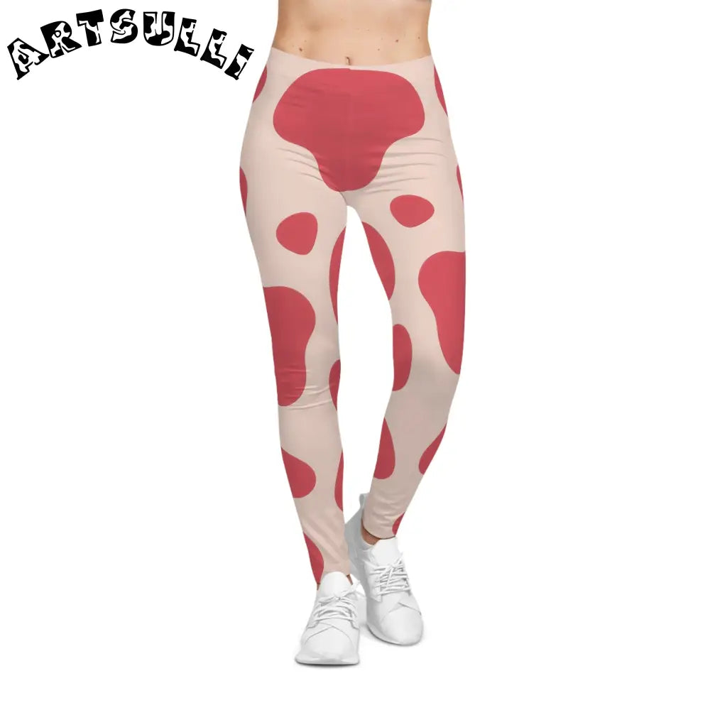 JAKKOUTTHEBXX Pink Cow Illustration Printed Casual Leggings 2025