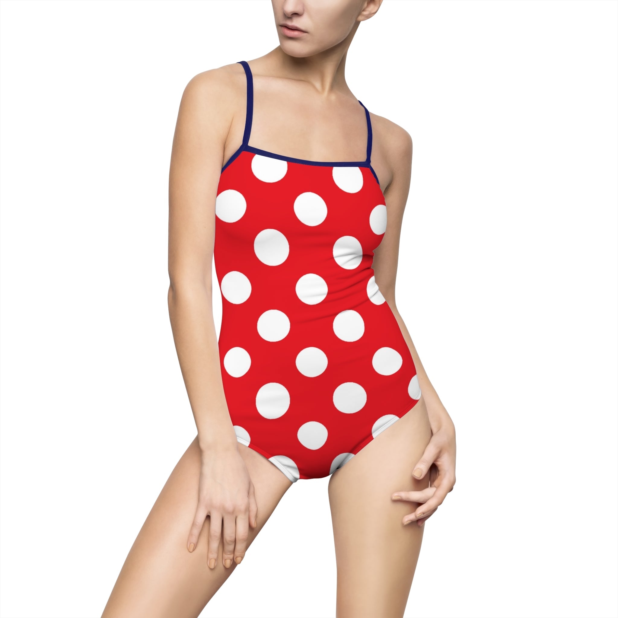 Red Polka Dot Cutout One Piece Swimsuit, Artsulli - Art is Long, Life is Short, All Over Prints, Size, XS, Color, Navy, , , 15545630015838509014
