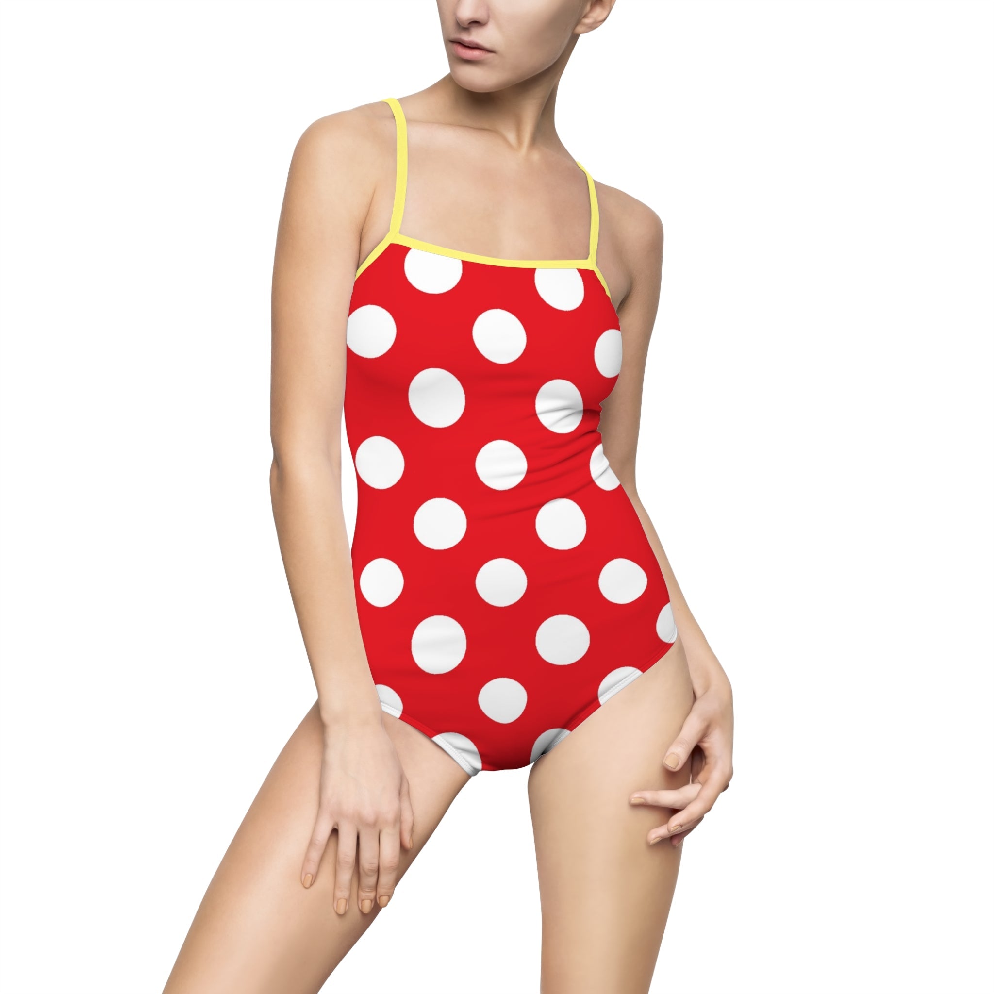 Red Polka Dot Cutout One Piece Swimsuit, Artsulli - Art is Long, Life is Short, All Over Prints, Size, XS, Color, Yellow, , , 27408060291634969720