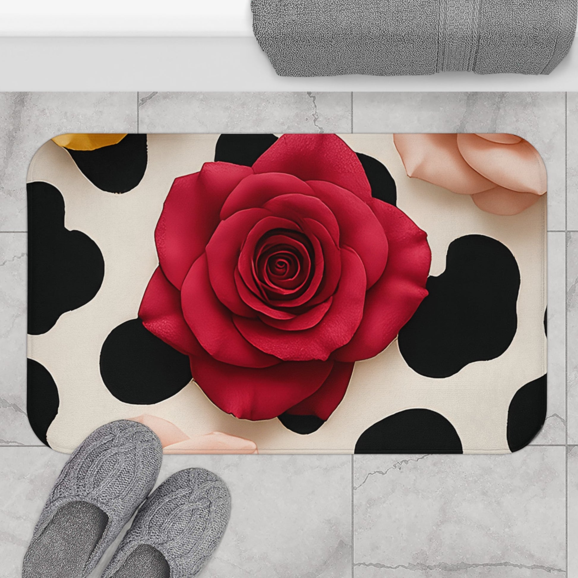 Red Rose Cow Print Bath Mat, Artsulli - Art is Long, Life is Short, Home Decor, , , , , , , 