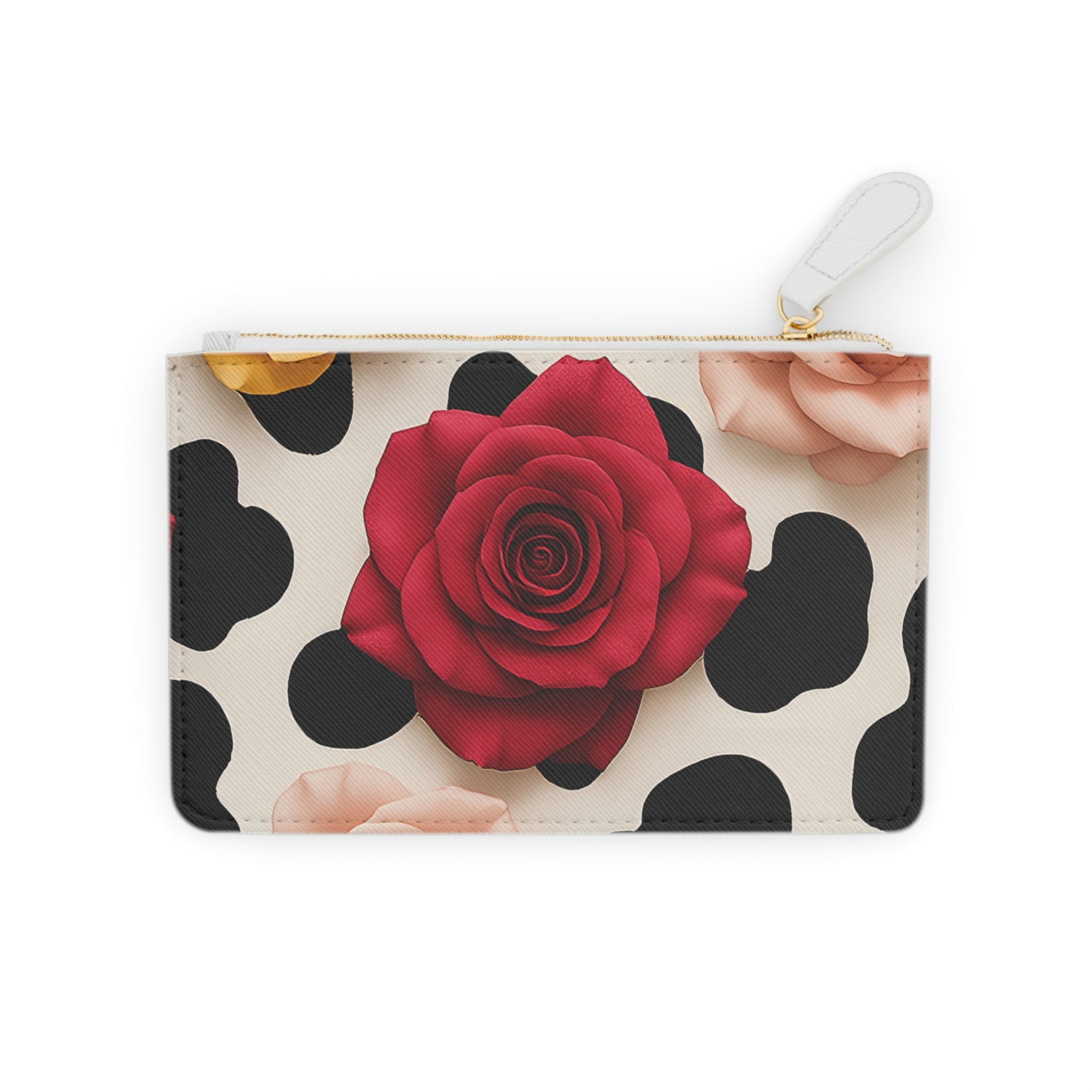 Red Rose Cow Print Clutch Bag, Artsulli - Art is Long, Life is Short, Bags, Size, 6.3” x 4”, Color, White, , , 32032314489344039813
