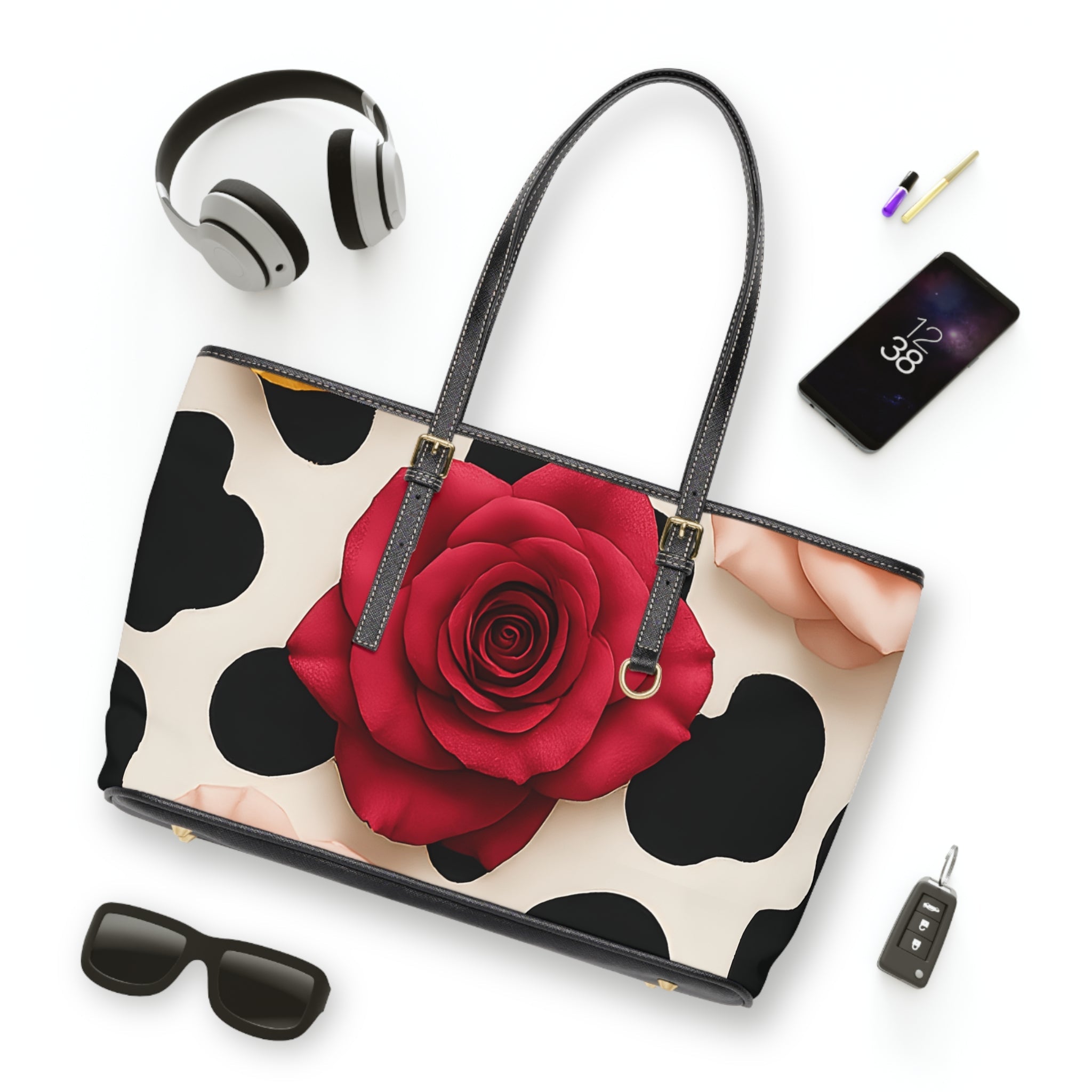 Red Rose Cow Print Shoulder Bag, Artsulli - Art is Long, Life is Short, Bags, , , , , , , 