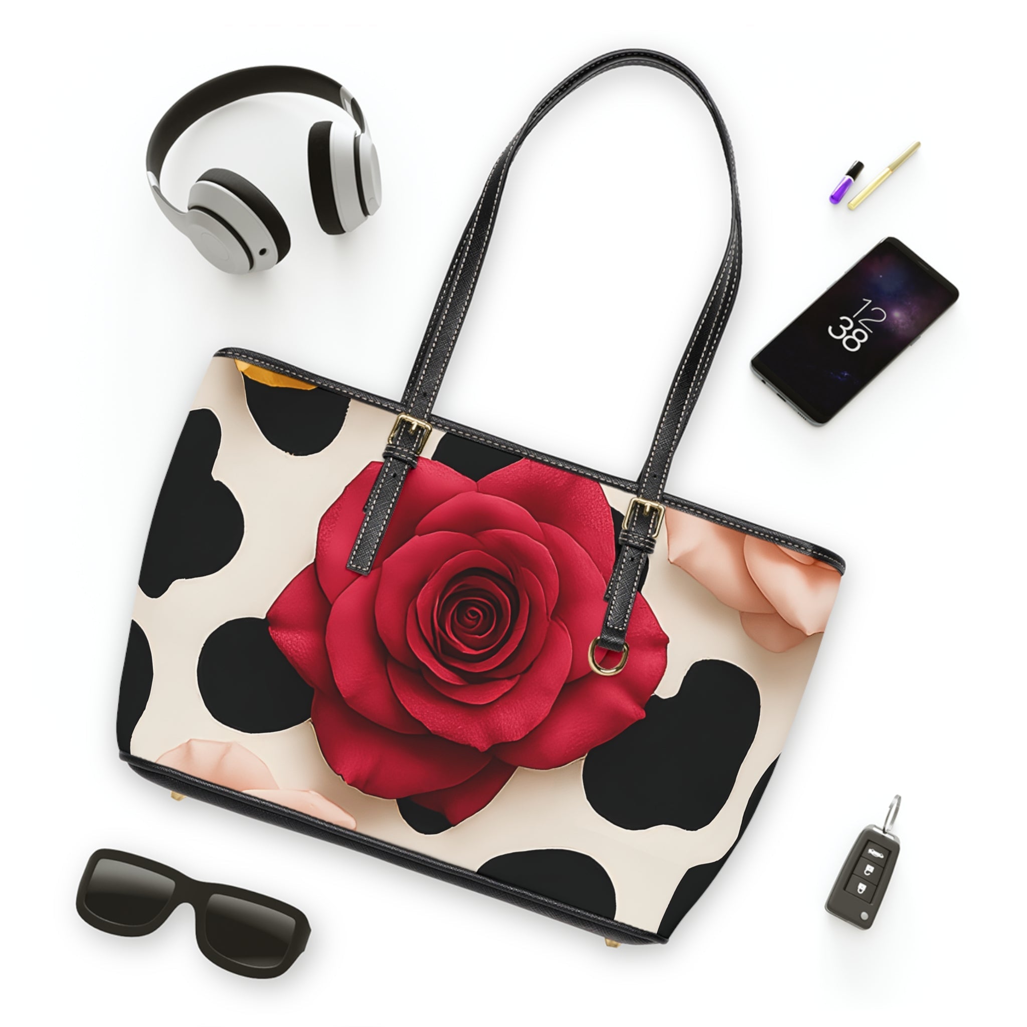Red Rose Cow Print Shoulder Bag, Artsulli - Art is Long, Life is Short, Bags, , , , , , , 