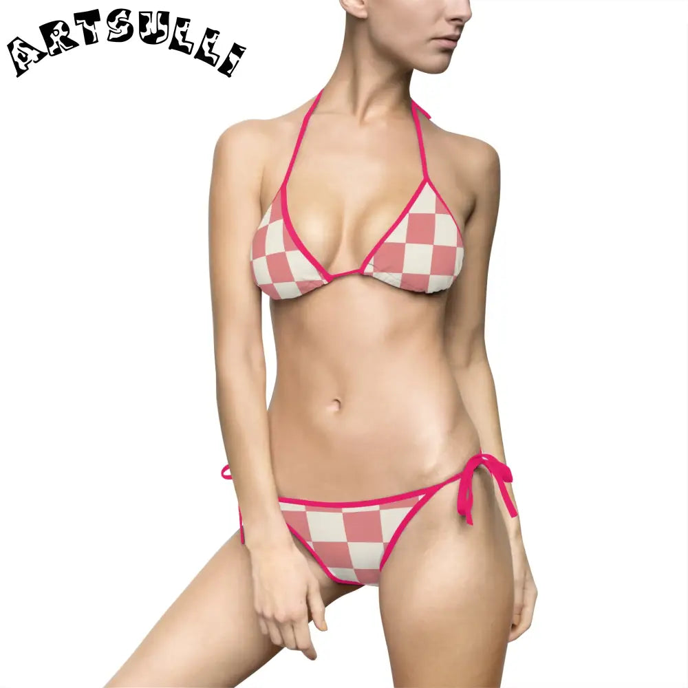 Retro Checkered Grassland Bikini Swimsuit, Artsulli - Art is Long, Life is Short, All Over Prints, Size, S, Color, Pink, , , 26393507845411621956