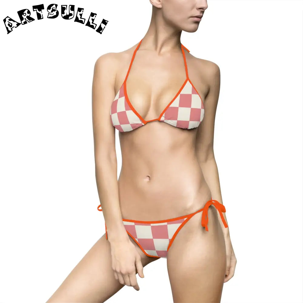Retro Checkered Grassland Bikini Swimsuit, Artsulli - Art is Long, Life is Short, All Over Prints, Size, S, Color, Orange, , , 32994127567587820522