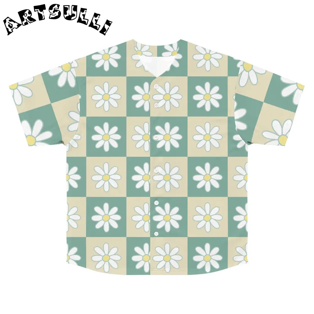 Retro Daisy Checkerboard Green Baseball Tee, Artsulli - Art is Long, Life is Short, All Over Prints, Size, S, Color, Seam thread color automatically matched to design, , , 20218475777170597081
