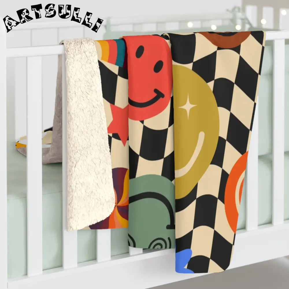 Retro Smiley Checkerboard Sherpa Fleece Blanket, Artsulli - Art is Long, Life is Short, Home Decor, , , , , , , 