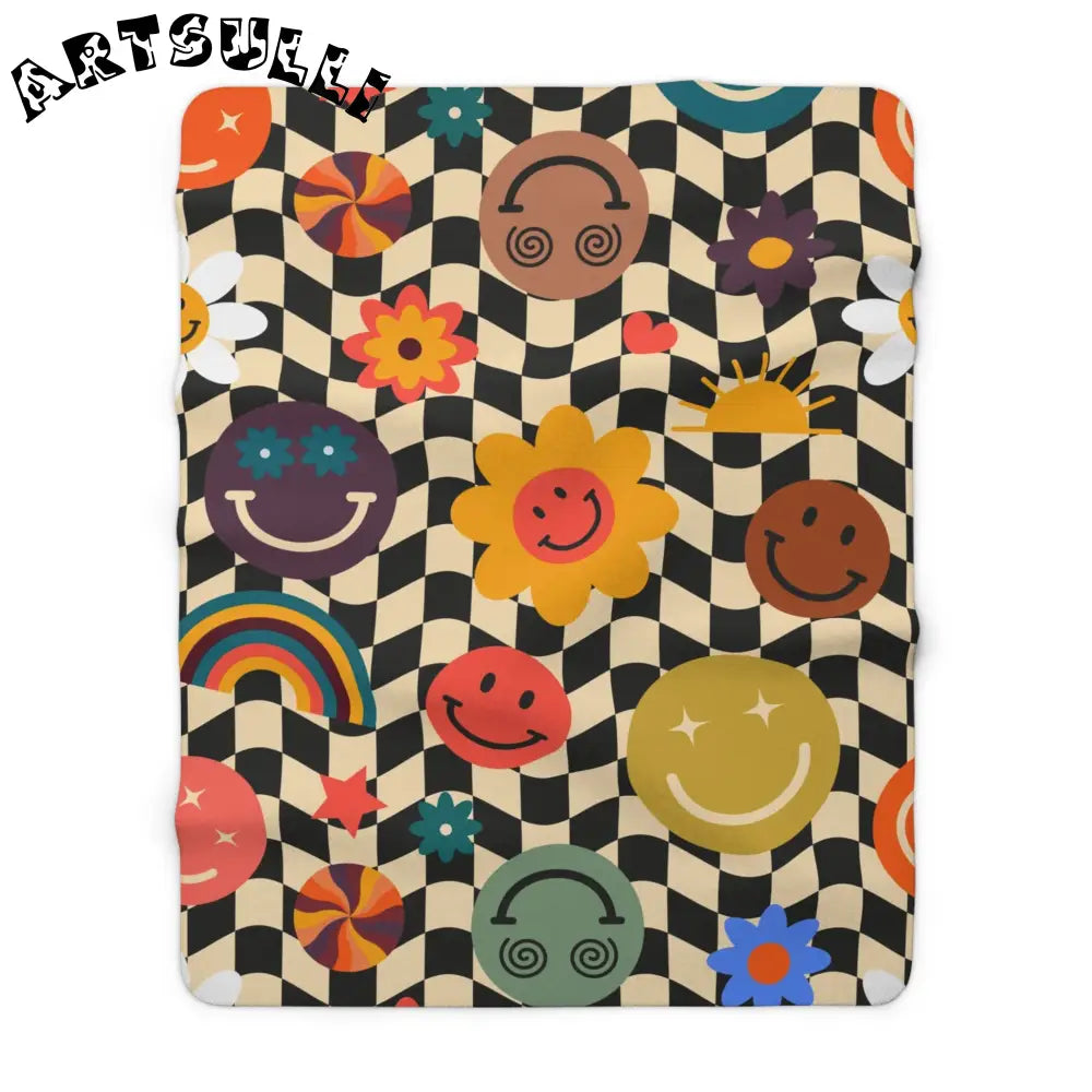 Retro Smiley Checkerboard Sherpa Fleece Blanket, Artsulli - Art is Long, Life is Short, Home Decor, Size, 60" × 80", , , , , 10996654900955988084