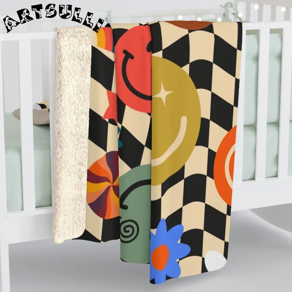 Retro Smiley Checkerboard Sherpa Fleece Blanket, Artsulli - Art is Long, Life is Short, Home Decor, , , , , , , 
