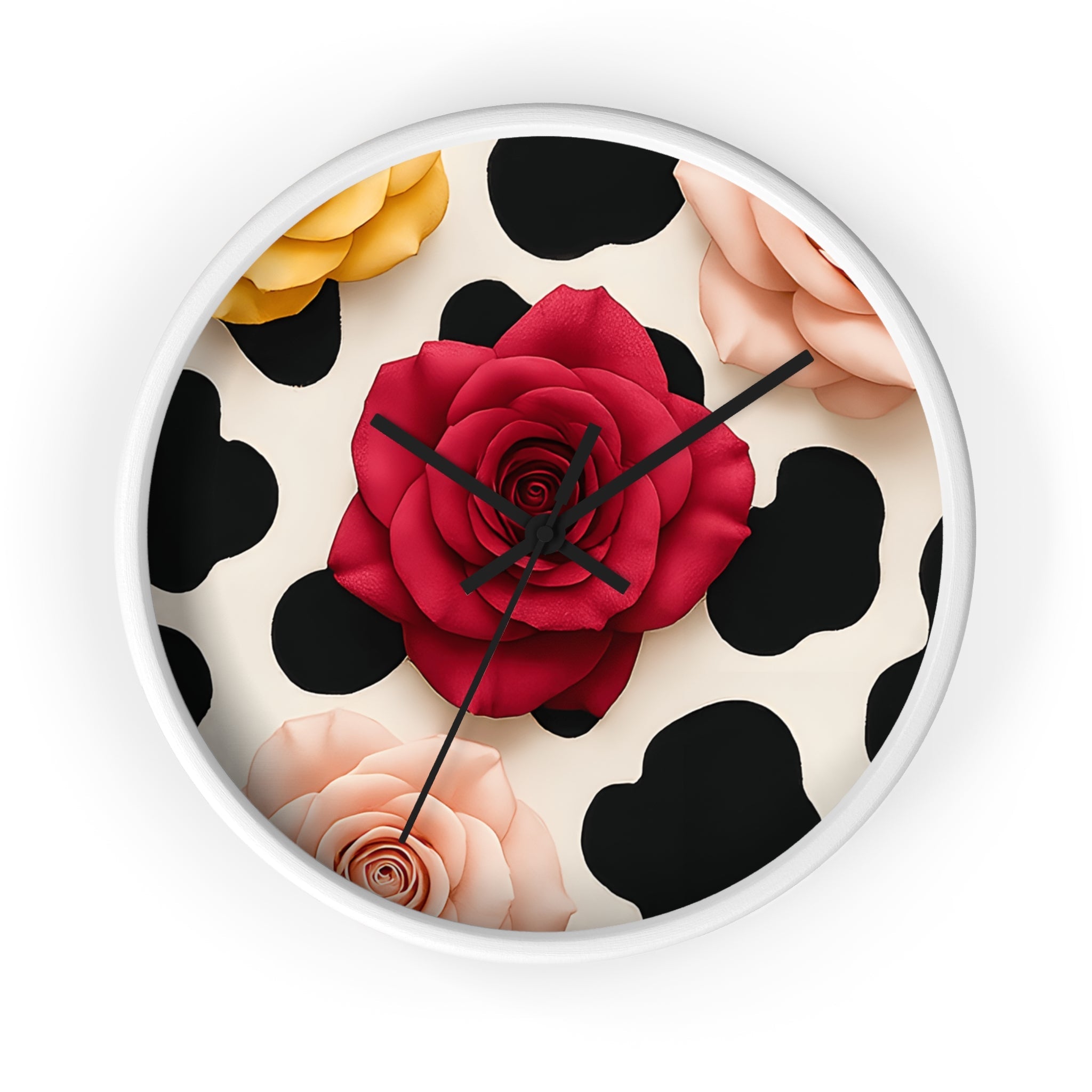 Rose and Cow Print Wall Clock, Artsulli - Art is Long, Life is Short, Home Decor, Color, White Base, Hands, Black, Size, 10", 81092164624667351618