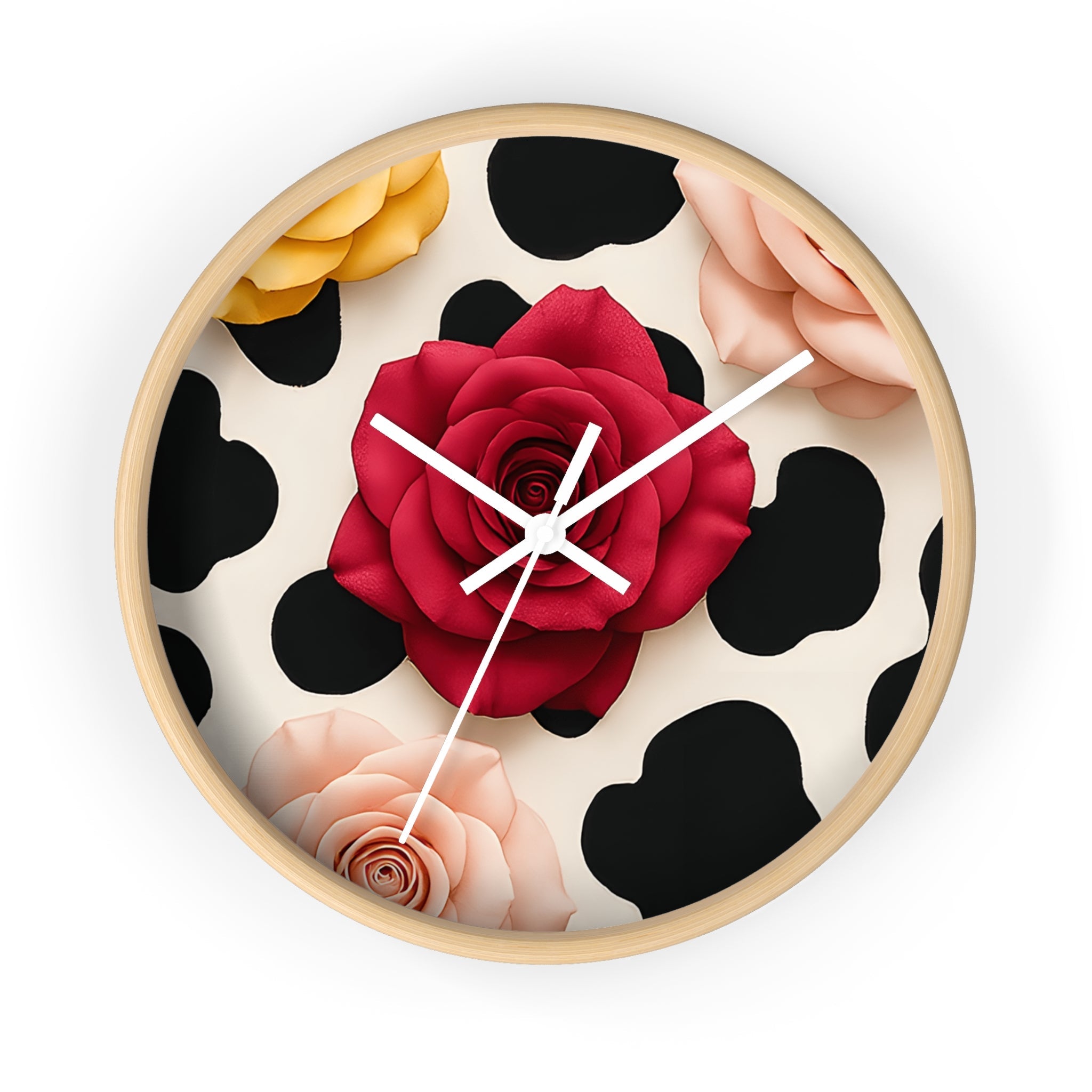 Rose and Cow Print Wall Clock, Artsulli - Art is Long, Life is Short, Home Decor, Color, Wooden Base, Hands, White, Size, 10", 14424004614625991506