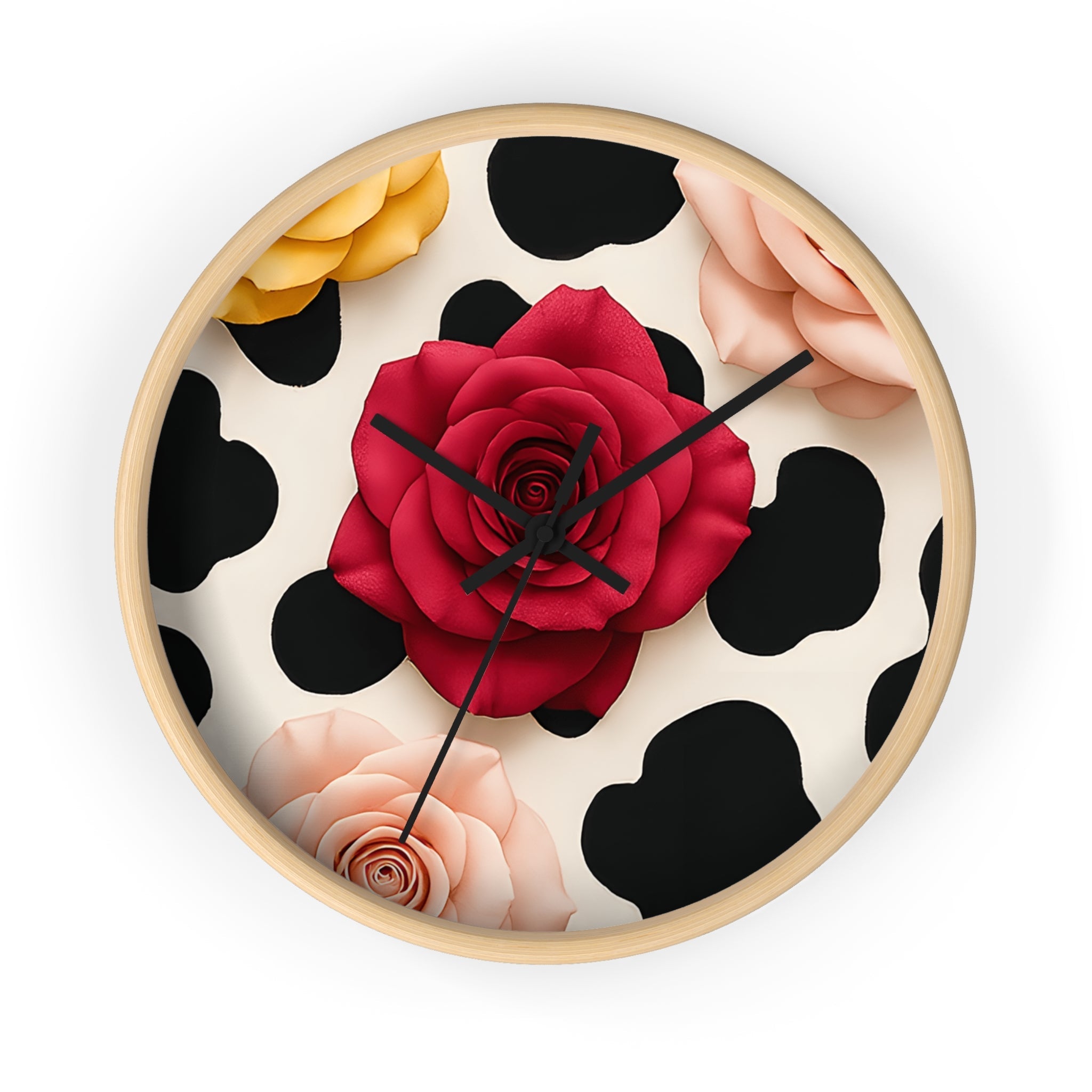 Rose and Cow Print Wall Clock, Artsulli - Art is Long, Life is Short, Home Decor, Color, Wooden Base, Hands, Black, Size, 10", 25186180682282932693