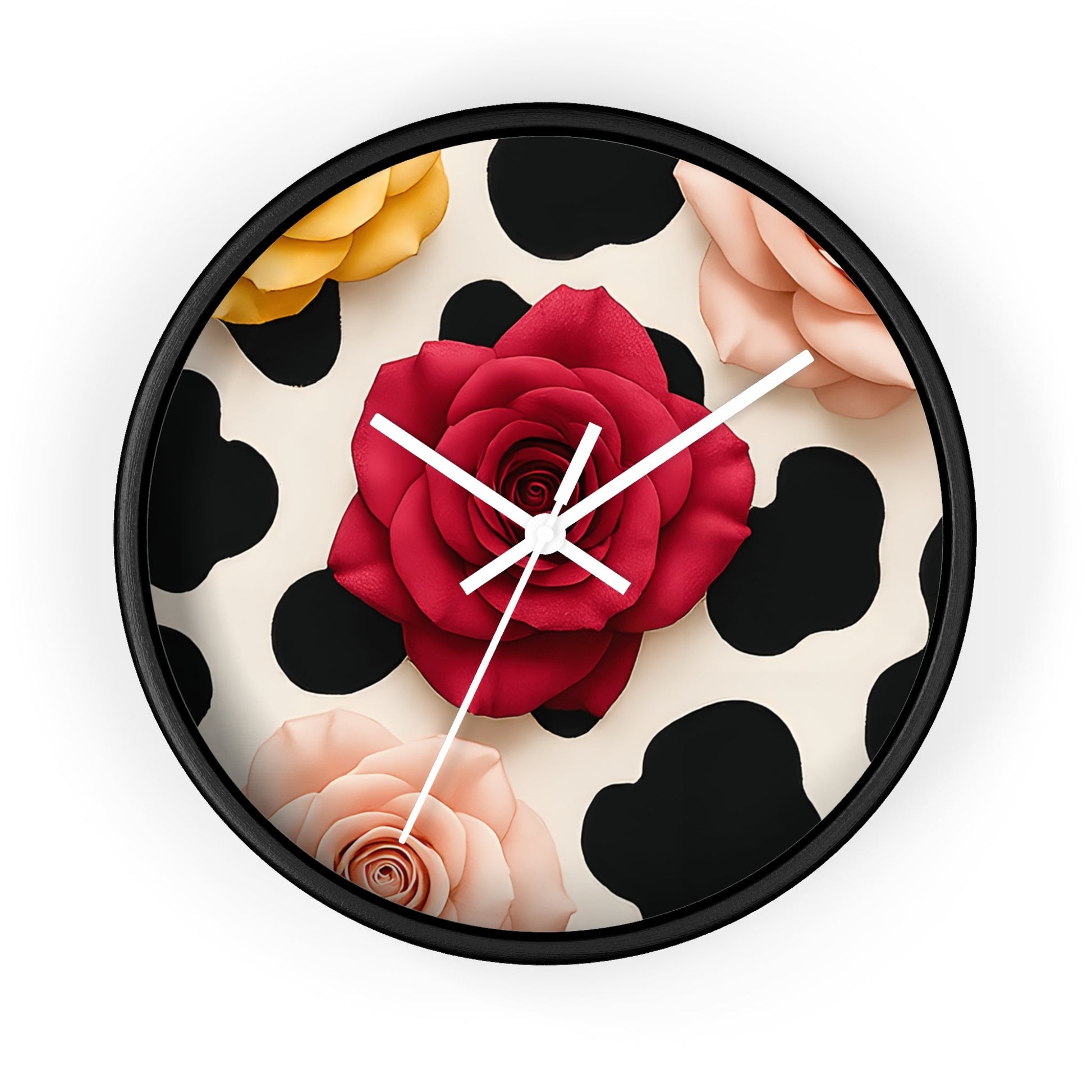 Rose and Cow Print Wall Clock, Artsulli - Art is Long, Life is Short, Home Decor, Color, Black Base, Hands, White, Size, 10", 18748432042647205451