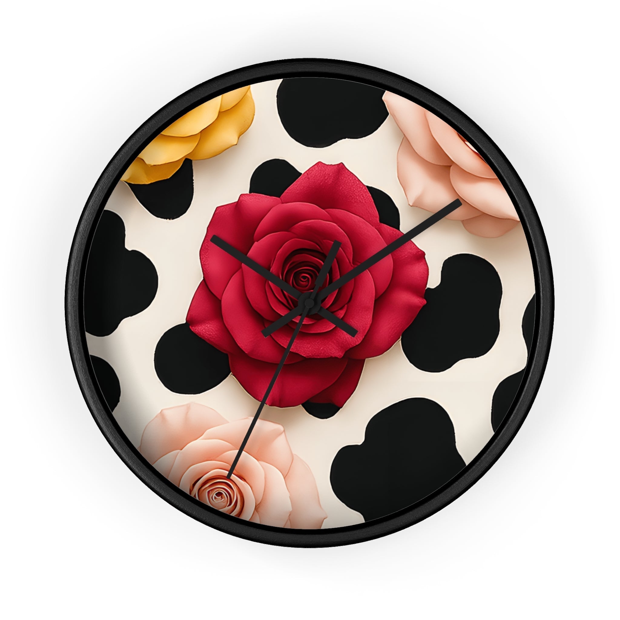 Rose and Cow Print Wall Clock, Artsulli - Art is Long, Life is Short, Home Decor, Color, Black Base, Hands, Black, Size, 10", 13519819451022015053