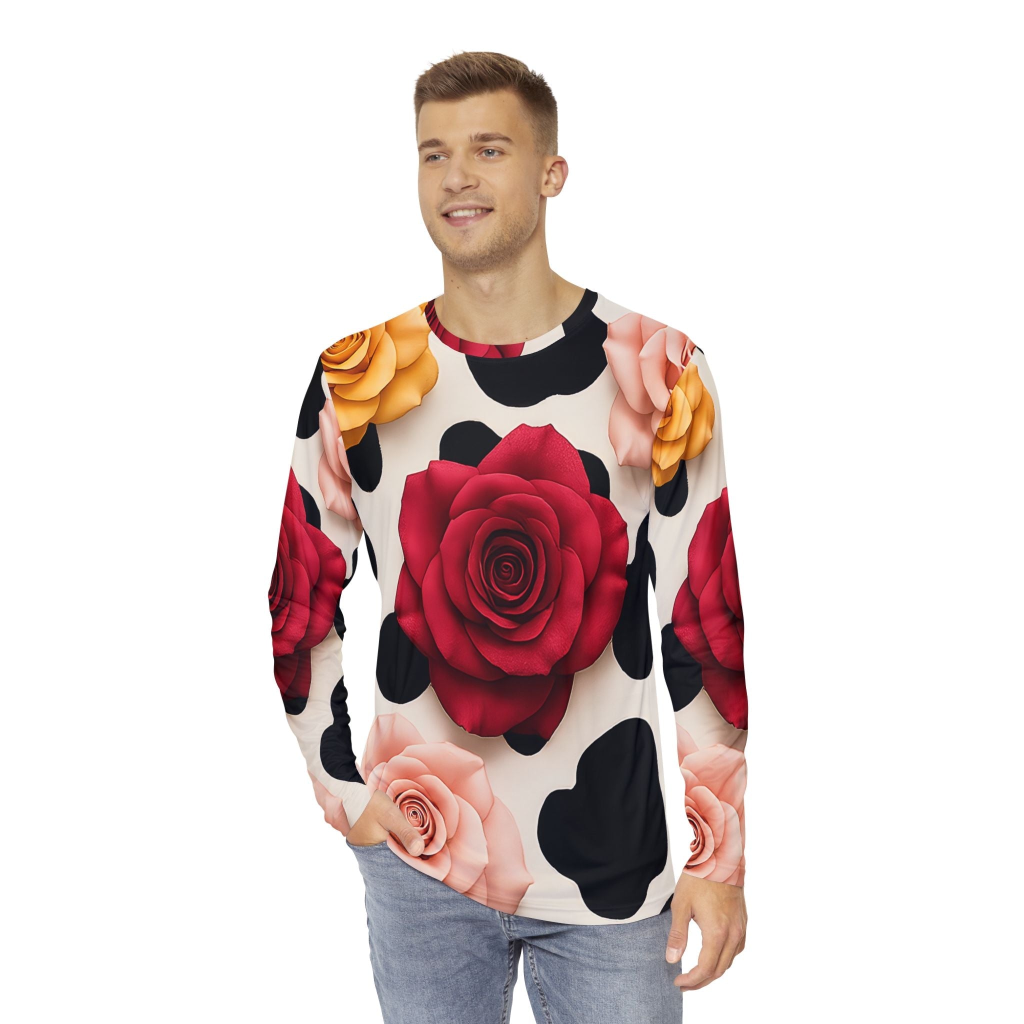 Rose Cow Print Long Sleeve Shirt, Artsulli - Art is Long, Life is Short, All Over Prints, , , , , , , 