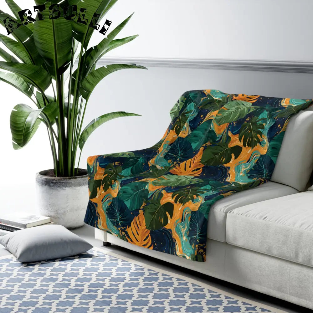 JAKKOUTTHEBXX Dark Tropical Leaf Sherpa Fleece Blanket 2025