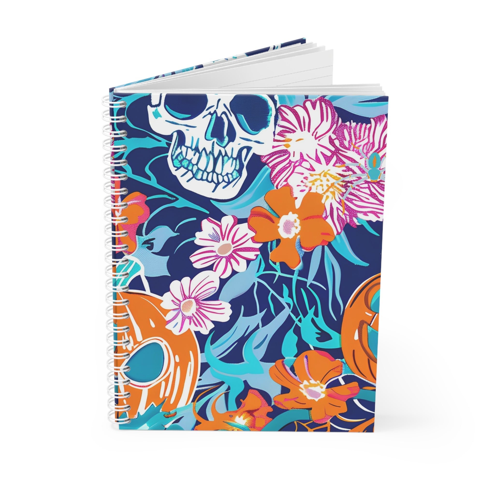 Printify Skull and Pumpkin Floral Wide-Ruled Spiral Notebook 2025
