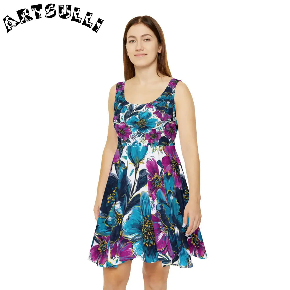 Sleeveless Floral Print Skater Dress, Artsulli - Art is Long, Life is Short, All Over Prints, , , , , , , 