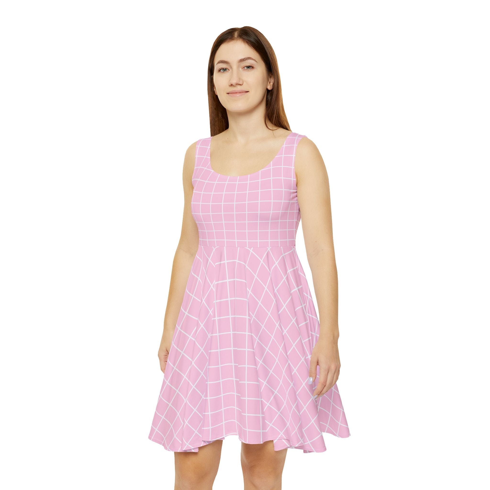 Sleeveless Pink Grid Skater Dress, Artsulli - Art is Long, Life is Short, All Over Prints, , , , , , , 