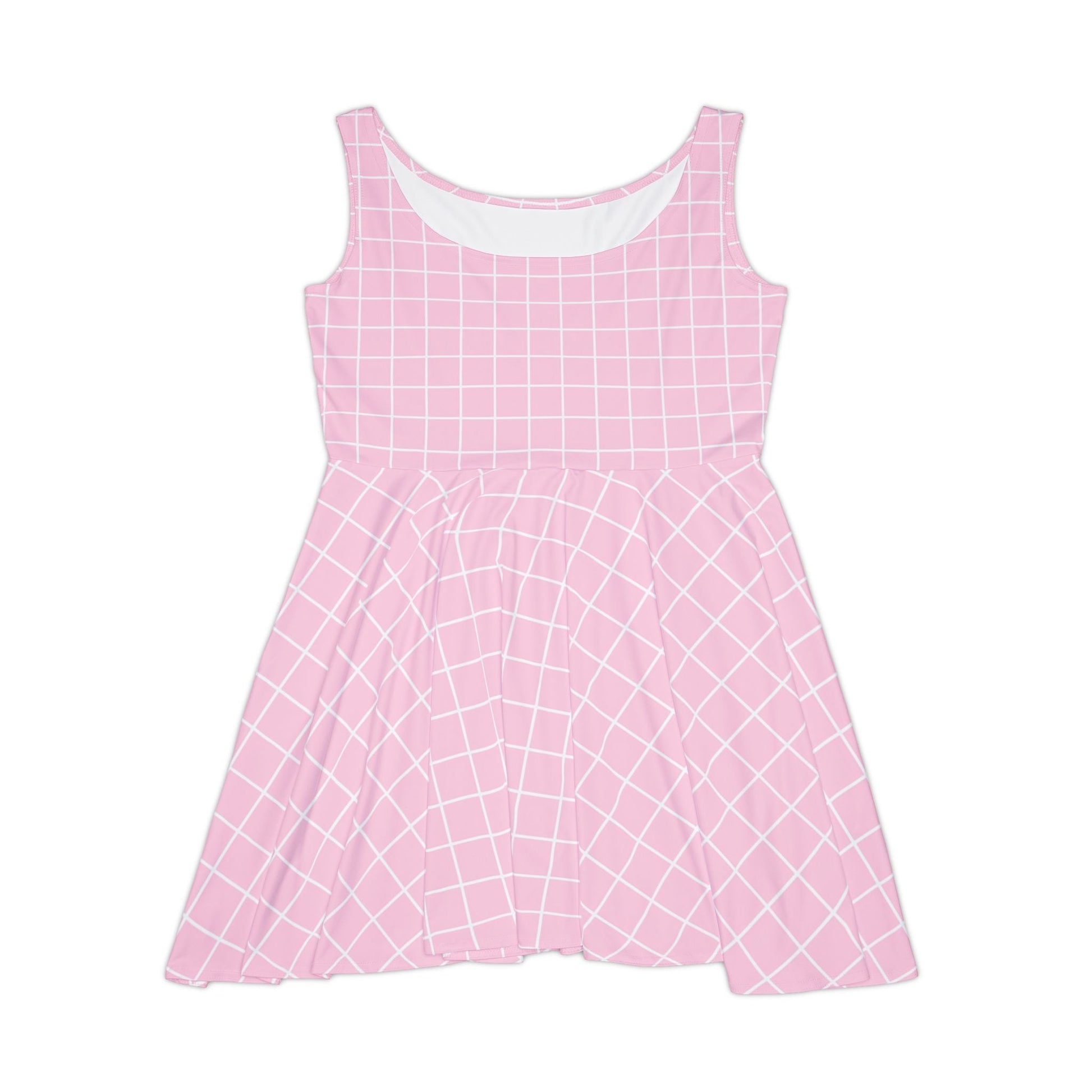 Sleeveless Pink Grid Skater Dress, Artsulli - Art is Long, Life is Short, All Over Prints, Size, XS, , , , , 94997292798685808977