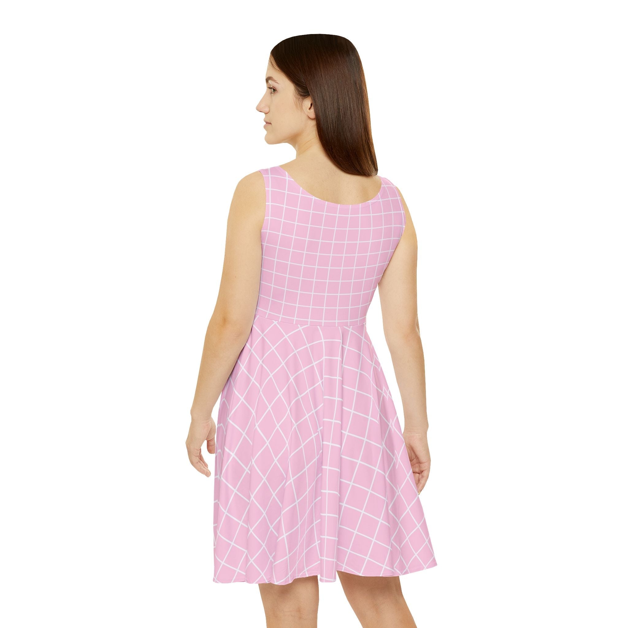 Sleeveless Pink Grid Skater Dress, Artsulli - Art is Long, Life is Short, All Over Prints, , , , , , , 