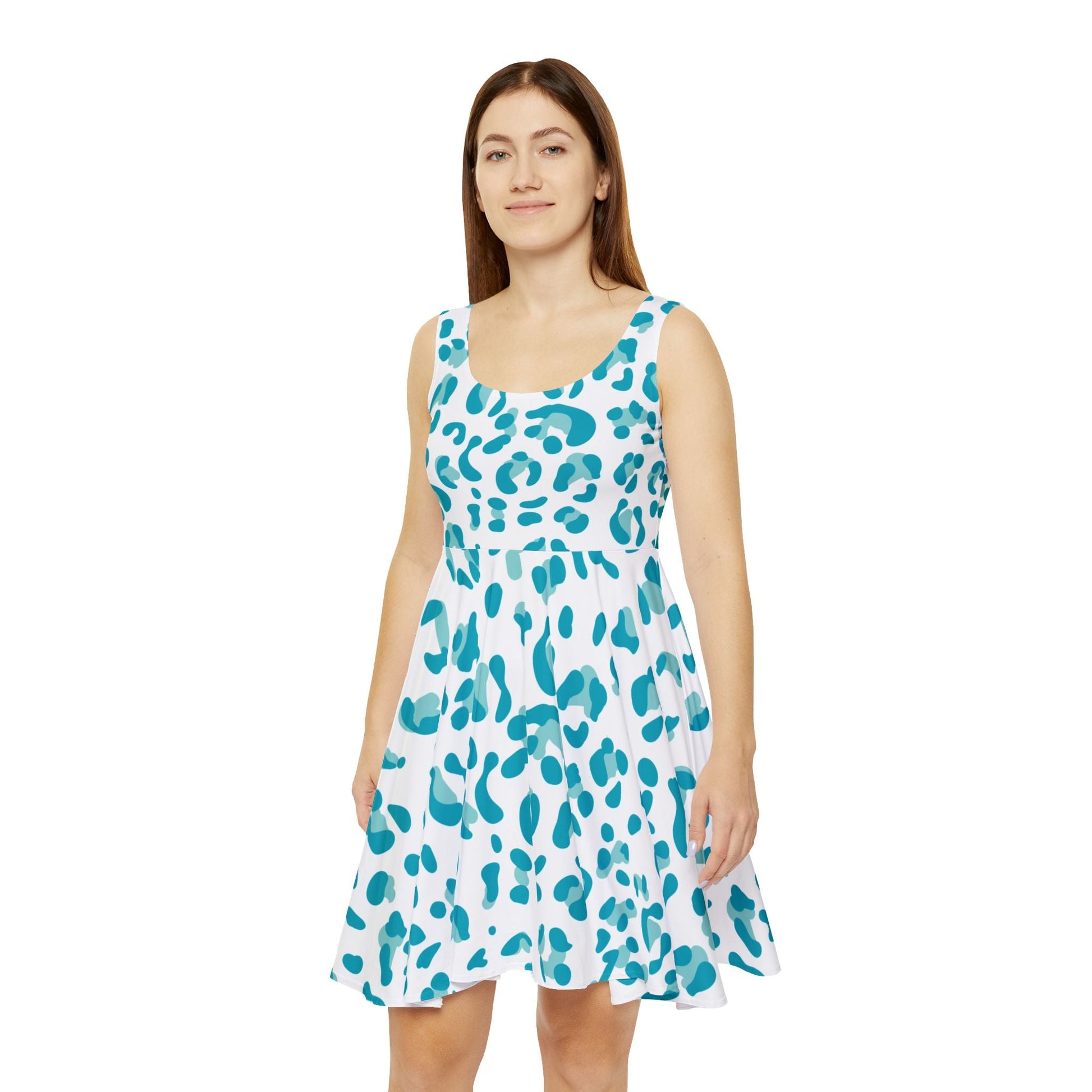 Sleeveless Teal Leopard Skater Dress, Artsulli - Art is Long, Life is Short, All Over Prints, , , , , , , 