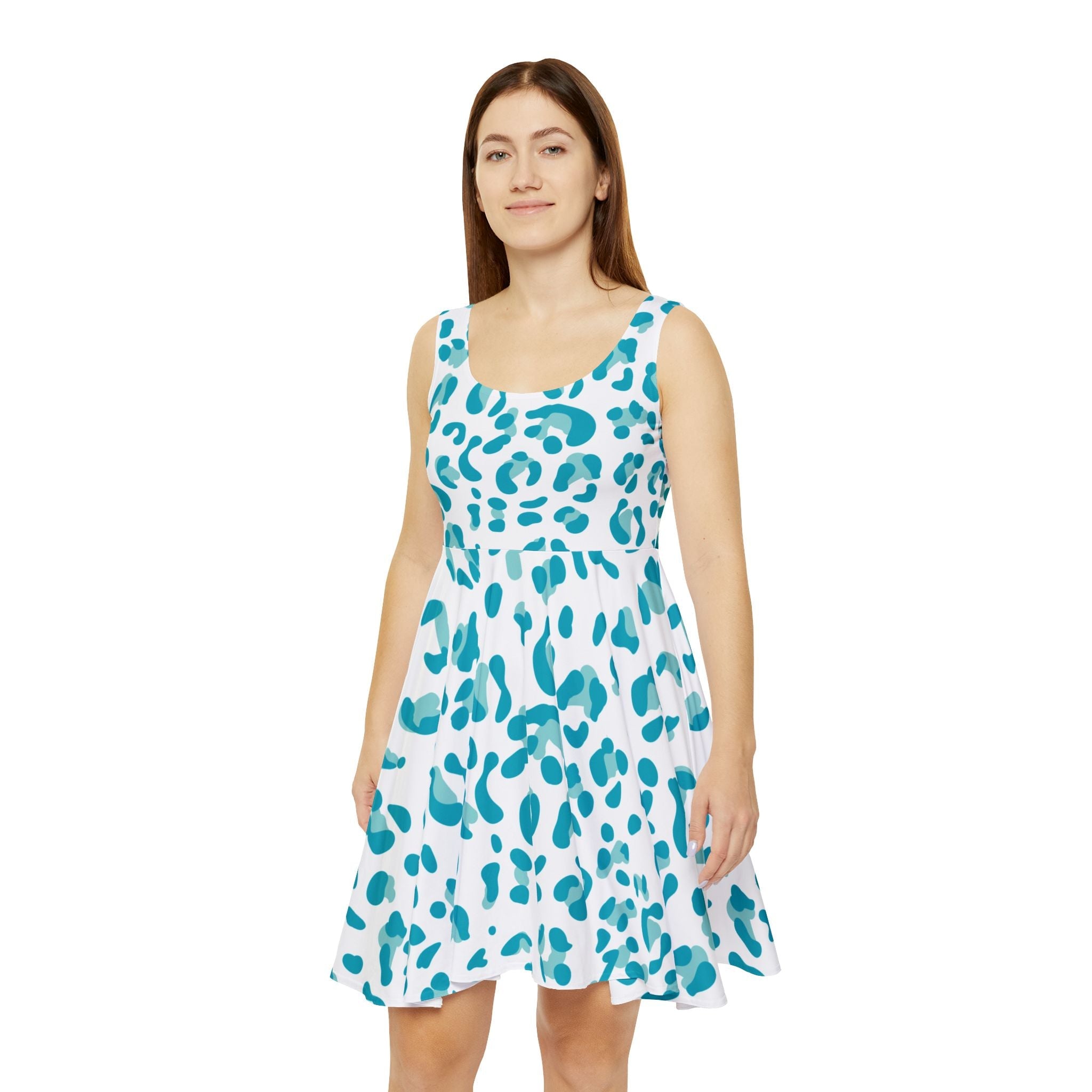 Sleeveless Teal Leopard Skater Dress, Artsulli - Art is Long, Life is Short, All Over Prints, , , , , , , 
