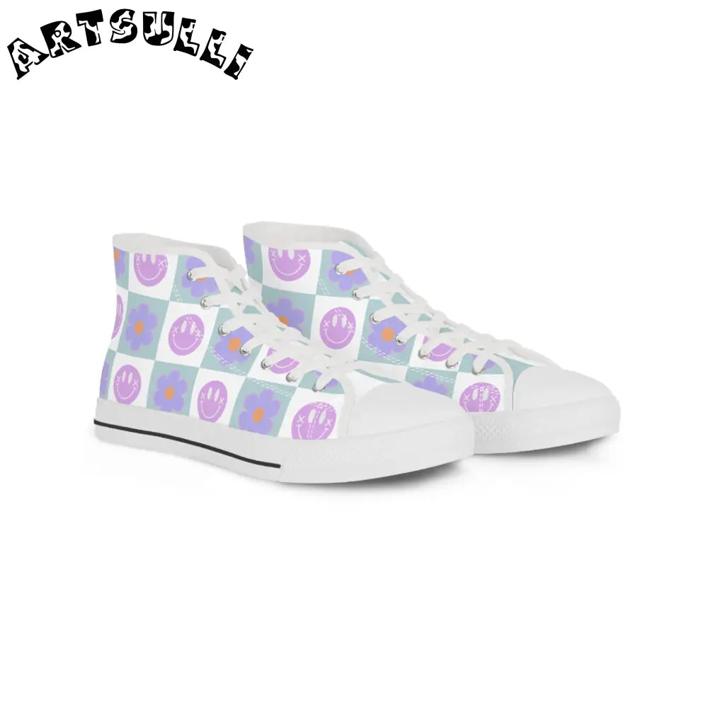 Smiley Checkerboard Breathable Polyester Canvas High Tops, Artsulli - Art is Long, Life is Short, Shoes, Size, US 5, Color, White sole, , , 10843600323607