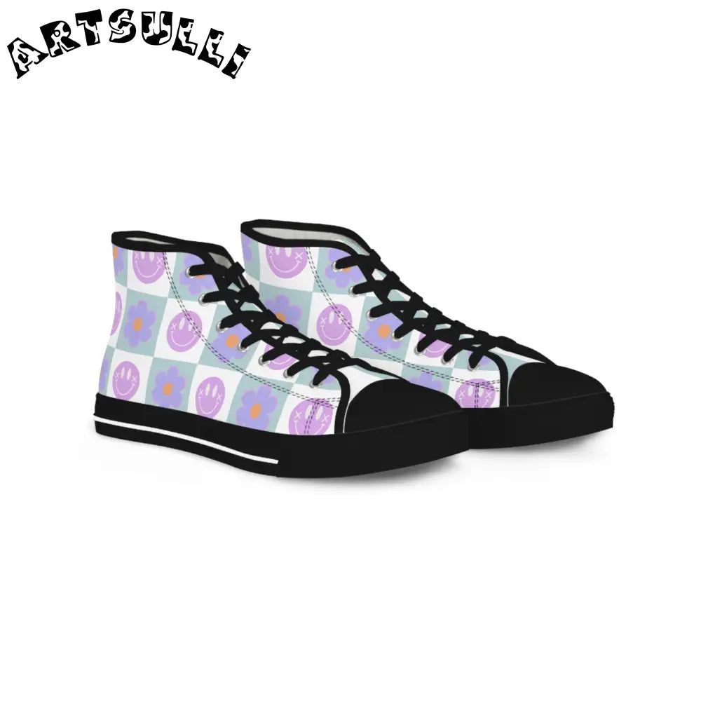 Smiley Checkerboard Breathable Polyester Canvas High Tops, Artsulli - Art is Long, Life is Short, Shoes, Size, US 5, Color, Black sole, , , 10844734632546