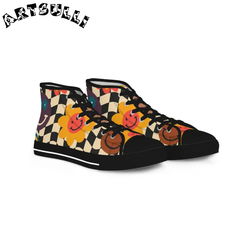 Smiley Checkerboard High Tops with Hi Poly Deodorant Memory, Artsulli - Art is Long, Life is Short, Shoes, Size, US 5, Color, Black sole, , , 29440952236145940796