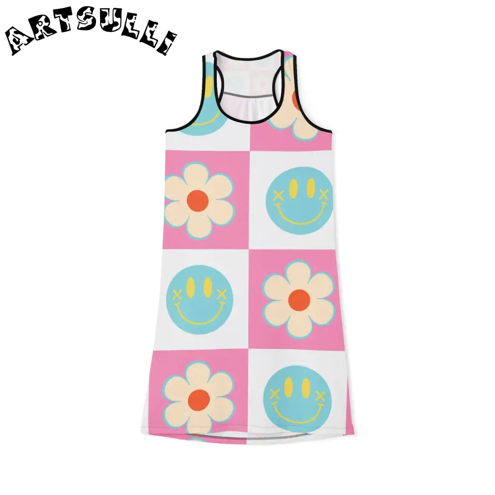 Smiley Checkerboard Jersey-Knit Fabric Blend Dress, Artsulli - Art is Long, Life is Short, Tank Top, Size, XS, Color, Black, , , 66021161344073825891