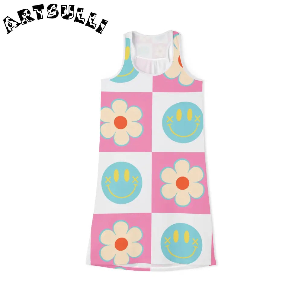 Smiley Checkerboard Jersey-Knit Fabric Blend Dress, Artsulli - Art is Long, Life is Short, Tank Top, Size, XS, Color, White, , , 30110061466602932150