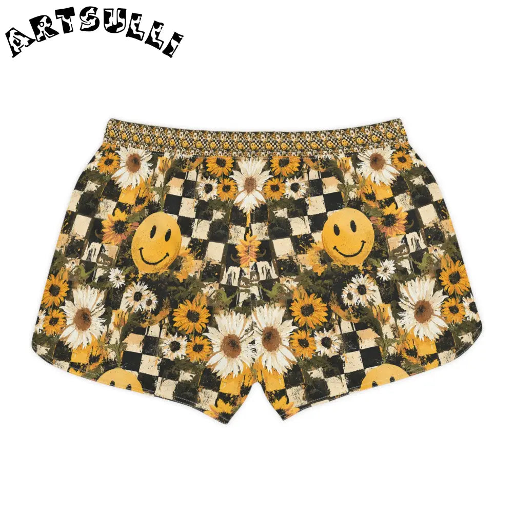 Smiley Face Checkerboard Sunflower Shorts, Artsulli - Art is Long, Life is Short, All Over Prints, , , , , , , 