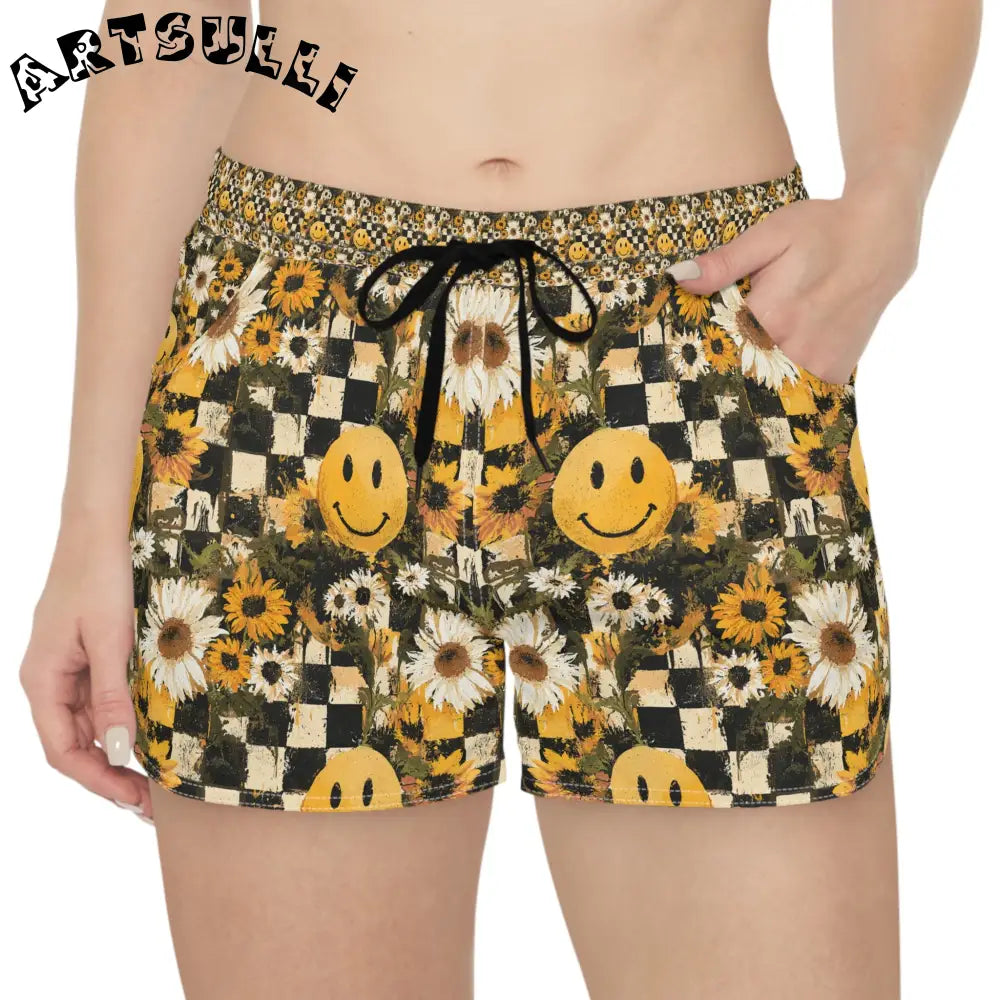 Smiley Face Checkerboard Sunflower Shorts, Artsulli - Art is Long, Life is Short, All Over Prints, , , , , , , 