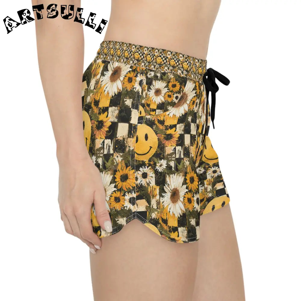 Smiley Face Checkerboard Sunflower Shorts, Artsulli - Art is Long, Life is Short, All Over Prints, , , , , , , 